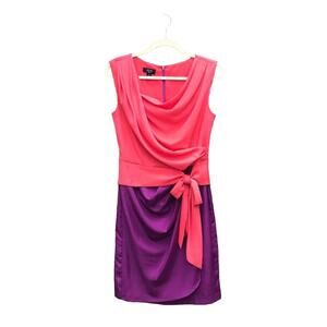Suzi Chin Dress Bold Color Block Satin Cowl Bow Tie Belt Purple Pink Sheath 4